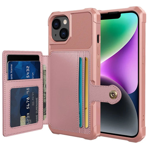 ZM03 Phone Case Kickstand for iPhone 14 Plus, Wallet Card Holder Drop-proof Phone Back Cover with Magnetic Metal Sheet - Pink - 1