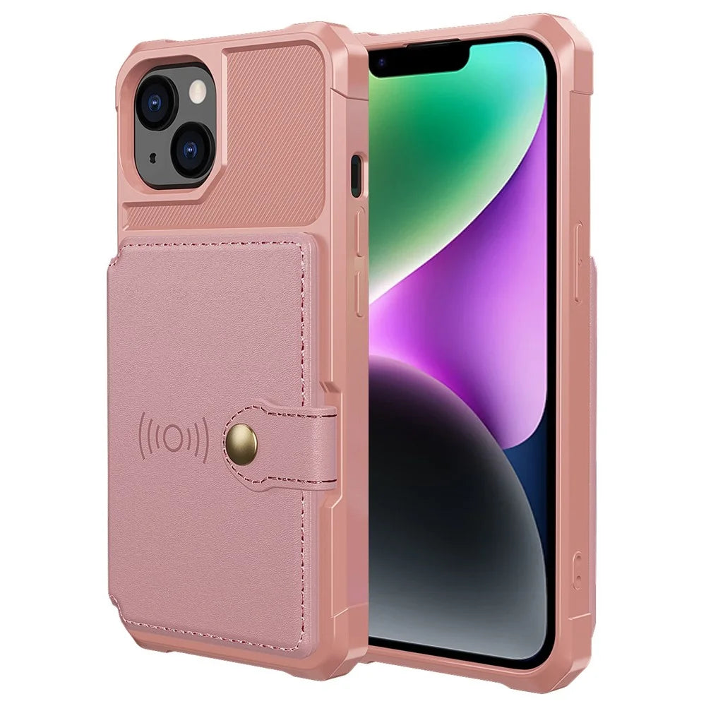 ZM03 Phone Case Kickstand for iPhone 14 Plus, Wallet Card Holder Drop-proof Phone Back Cover with Magnetic Metal Sheet - Pink - 2