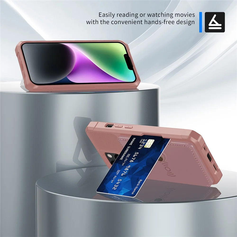 ZM03 Phone Case Kickstand for iPhone 14 Plus, Wallet Card Holder Drop-proof Phone Back Cover with Magnetic Metal Sheet - Pink - 3