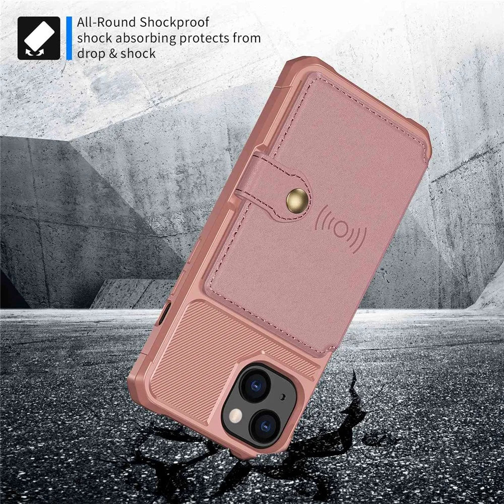 ZM03 Phone Case Kickstand for iPhone 14 Plus, Wallet Card Holder Drop-proof Phone Back Cover with Magnetic Metal Sheet - Pink - 4