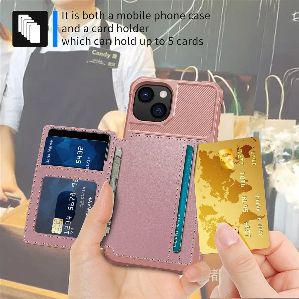 ZM03 Phone Case Kickstand for iPhone 14 Plus, Wallet Card Holder Drop-proof Phone Back Cover with Magnetic Metal Sheet - Pink - 5