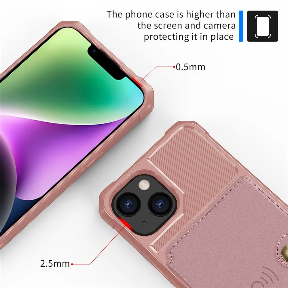 ZM03 Phone Case Kickstand for iPhone 14 Plus, Wallet Card Holder Drop-proof Phone Back Cover with Magnetic Metal Sheet - Pink - 6