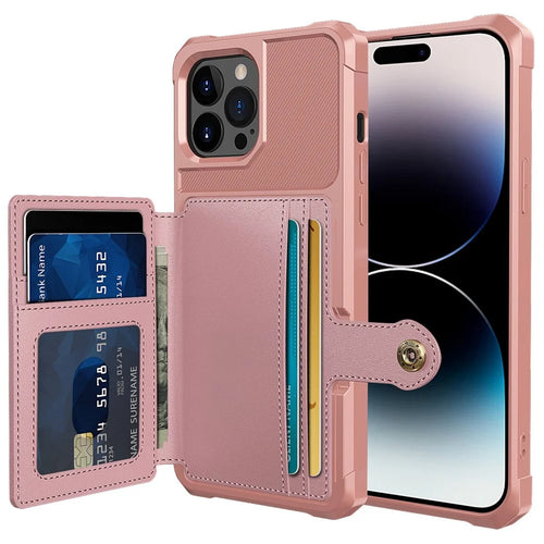 ZM03 Phone Case for iPhone 14 Pro Max, Wallet Kickstand Anti-scratch Phone Cover with Magnetic Metal Sheet - Pink - 1