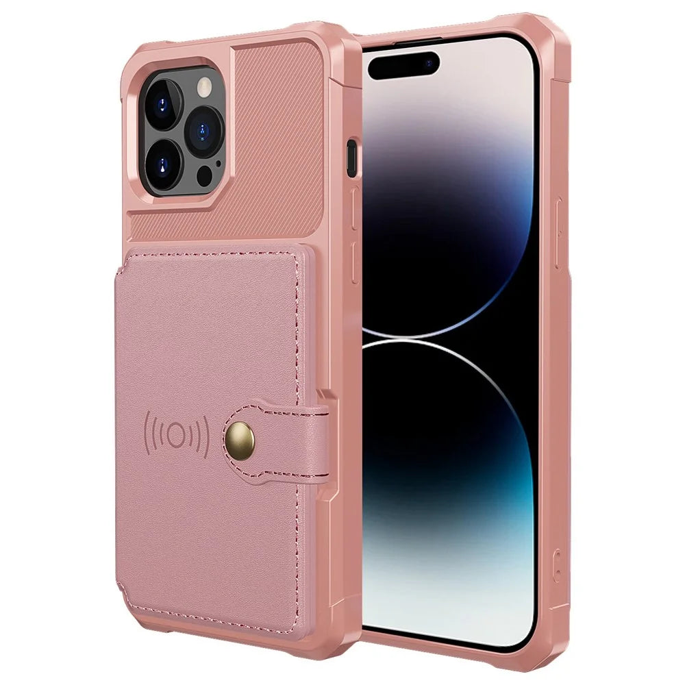 ZM03 Phone Case for iPhone 14 Pro Max, Wallet Kickstand Anti-scratch Phone Cover with Magnetic Metal Sheet - Pink - 2