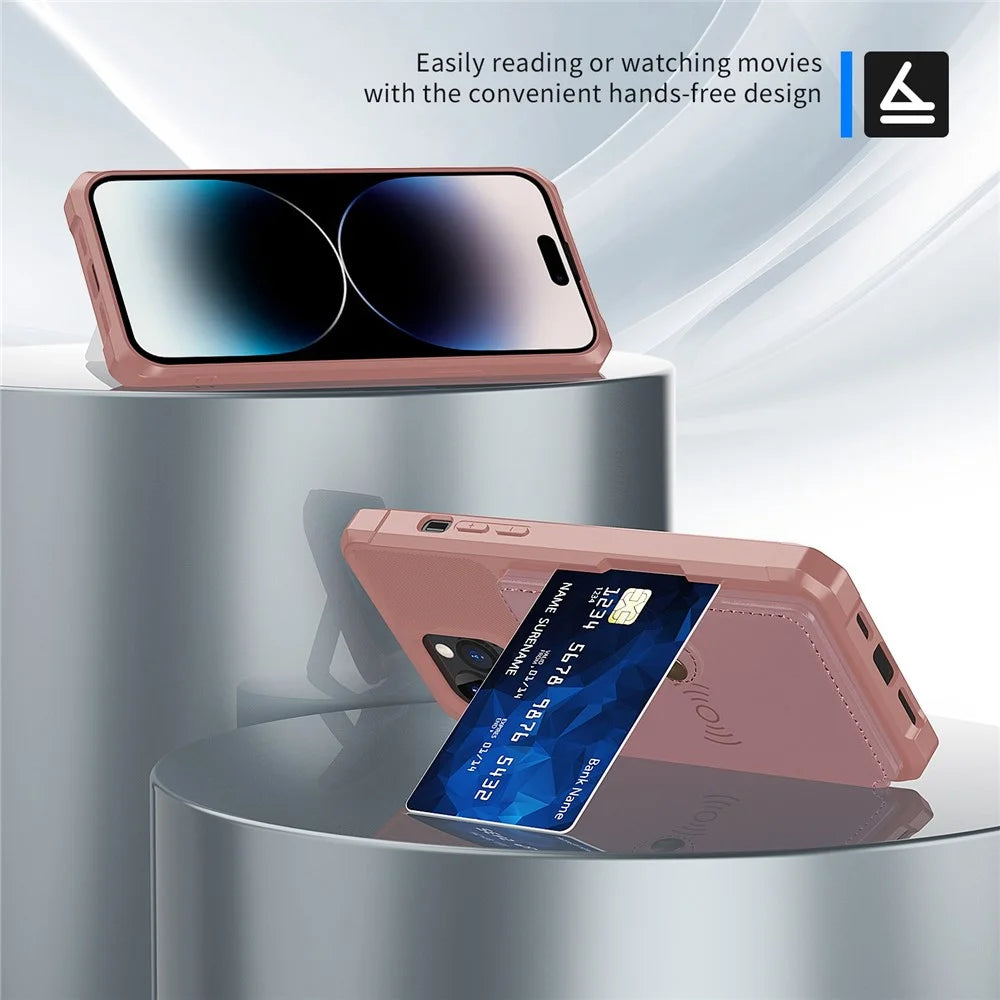 ZM03 Phone Case for iPhone 14 Pro Max, Wallet Kickstand Anti-scratch Phone Cover with Magnetic Metal Sheet - Pink - 3