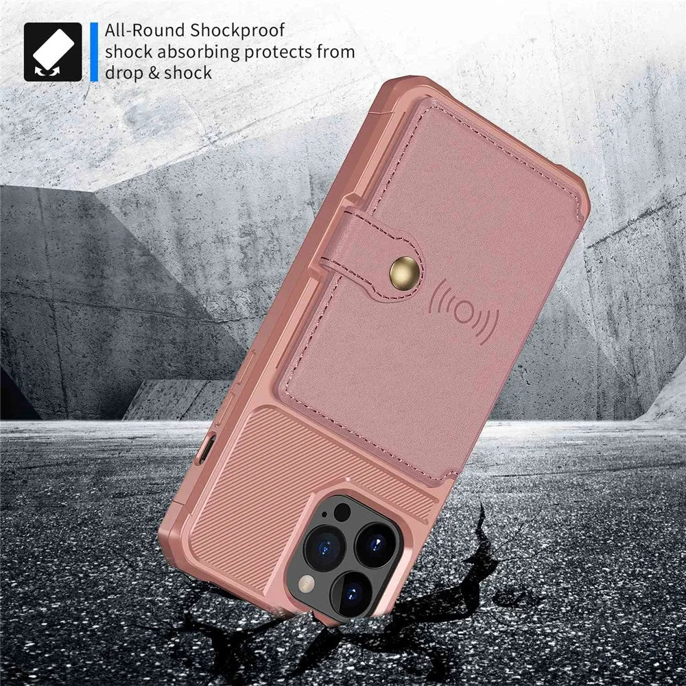 ZM03 Phone Case for iPhone 14 Pro Max, Wallet Kickstand Anti-scratch Phone Cover with Magnetic Metal Sheet - Pink - 4