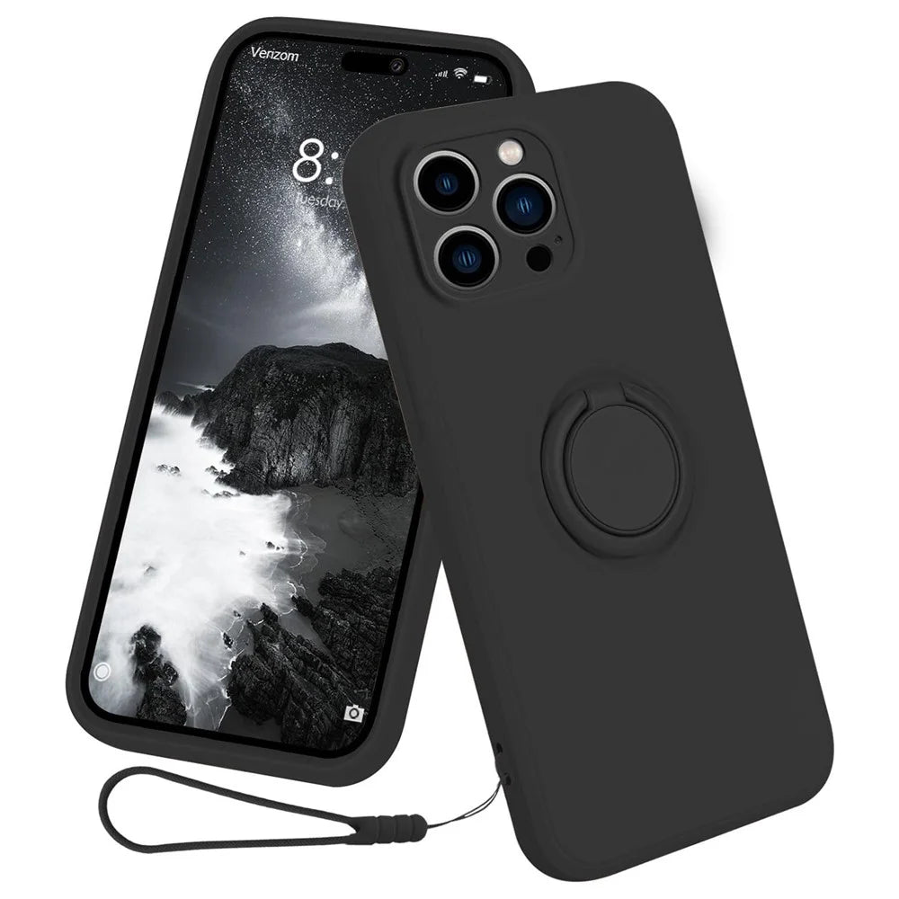 For iPhone 16 Pro Max Case Ring Kickstand Phone Cover with Strap - Black - 1