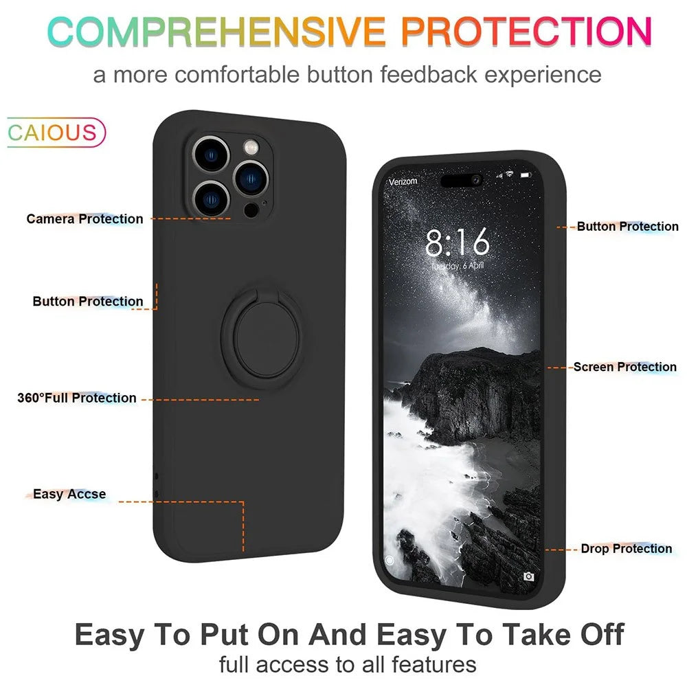 For iPhone 16 Pro Max Case Ring Kickstand Phone Cover with Strap - Black - 3
