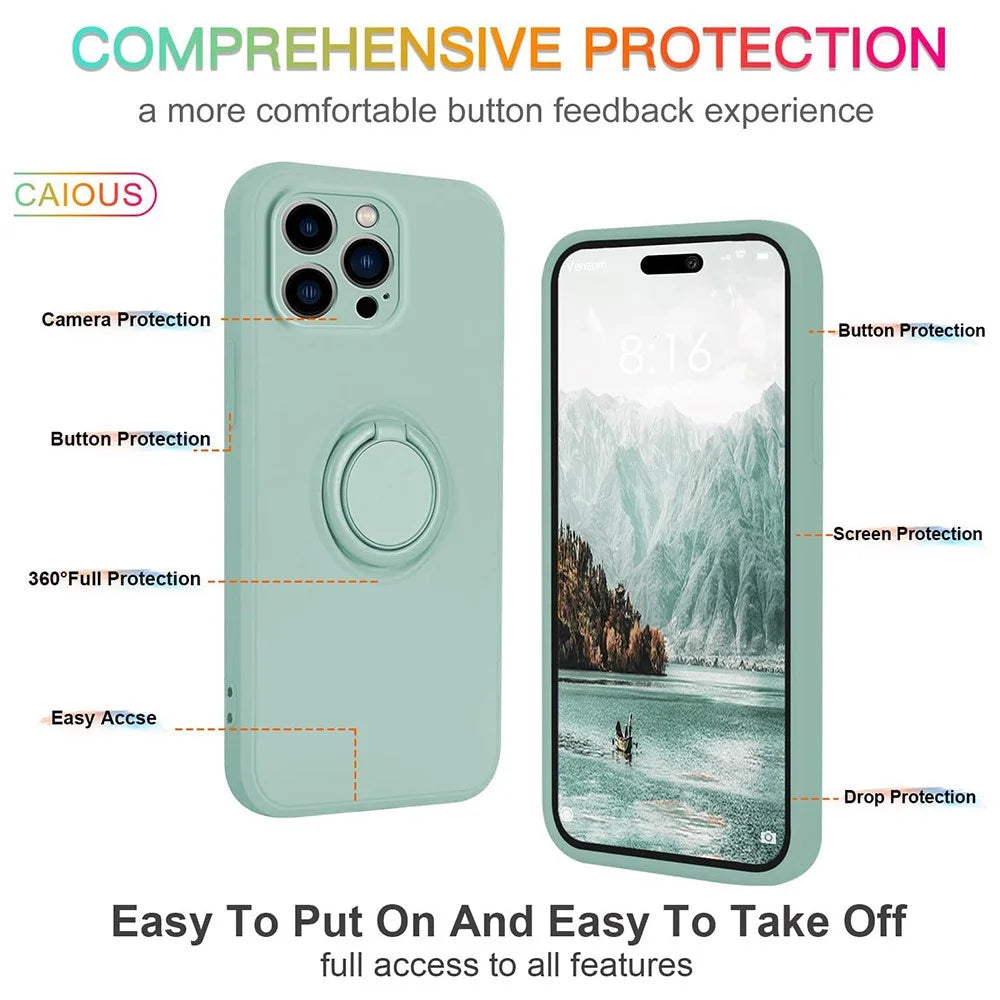 For iPhone 16 Pro Silicone Case with Strap Ring Kickstand Phone Cover - Light Green - 4