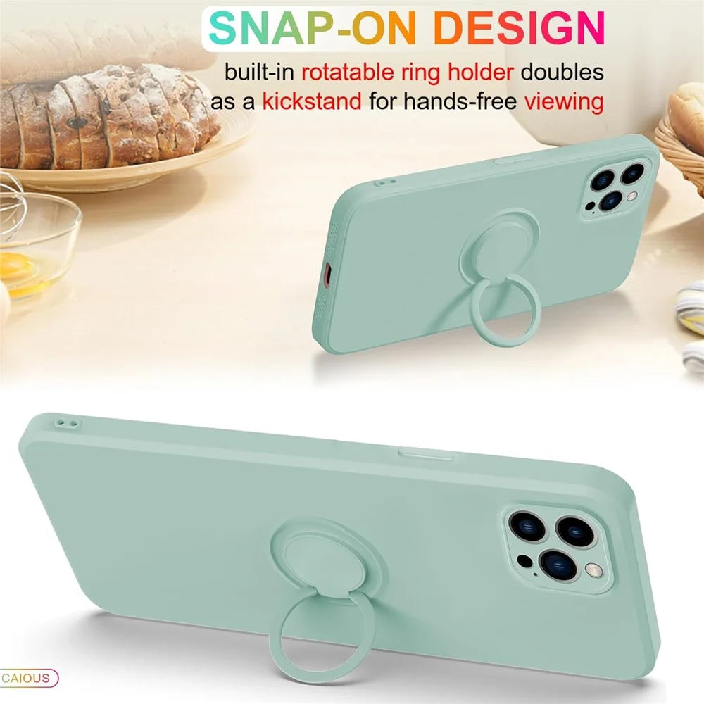 For iPhone 16 Pro Silicone Case with Strap Ring Kickstand Phone Cover - Light Green - 5