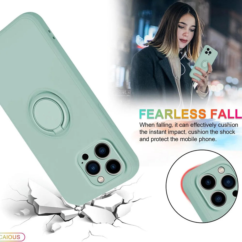 For iPhone 16 Pro Silicone Case with Strap Ring Kickstand Phone Cover - Light Green - 6