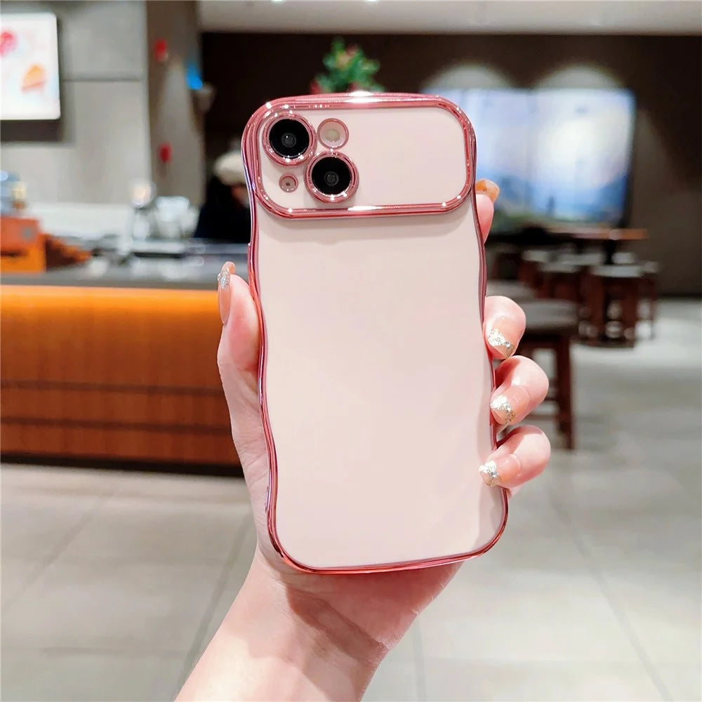 For iPhone 14 Case Curly Wave Frame Shape Electroplating TPU Back Cover - Rose Pink - 1