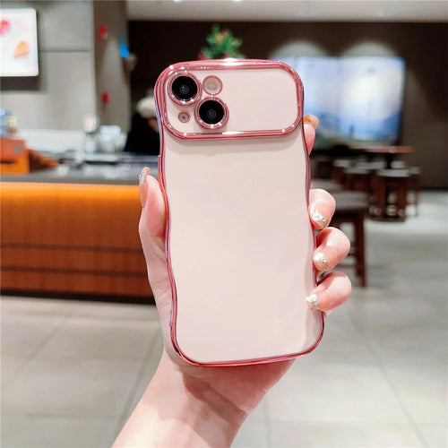 For iPhone 14 Case Curly Wave Frame Shape Electroplating TPU Back Cover - Rose Pink - 1