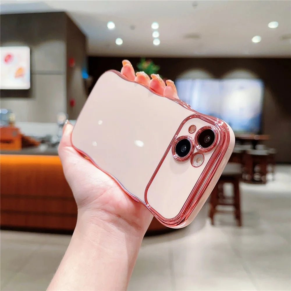 For iPhone 14 Case Curly Wave Frame Shape Electroplating TPU Back Cover - Rose Pink - 2