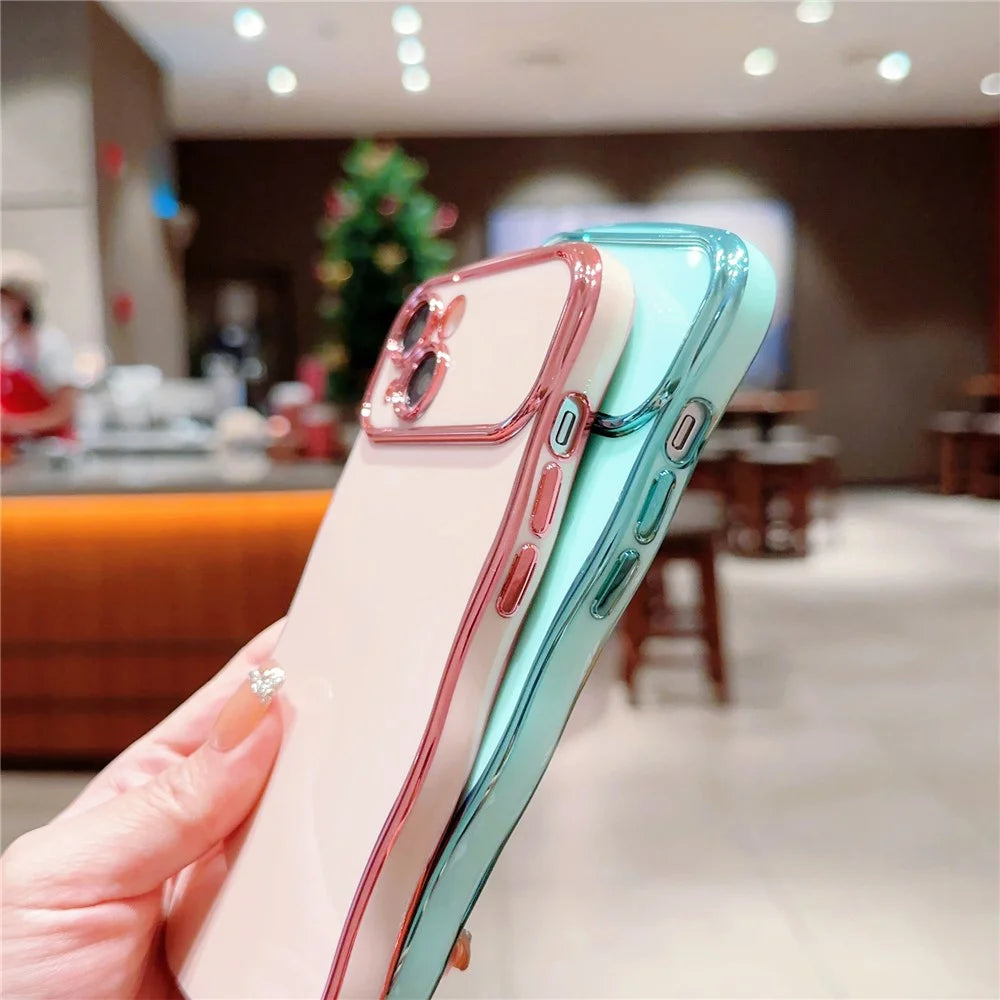 For iPhone 14 Case Curly Wave Frame Shape Electroplating TPU Back Cover - Rose Pink - 3
