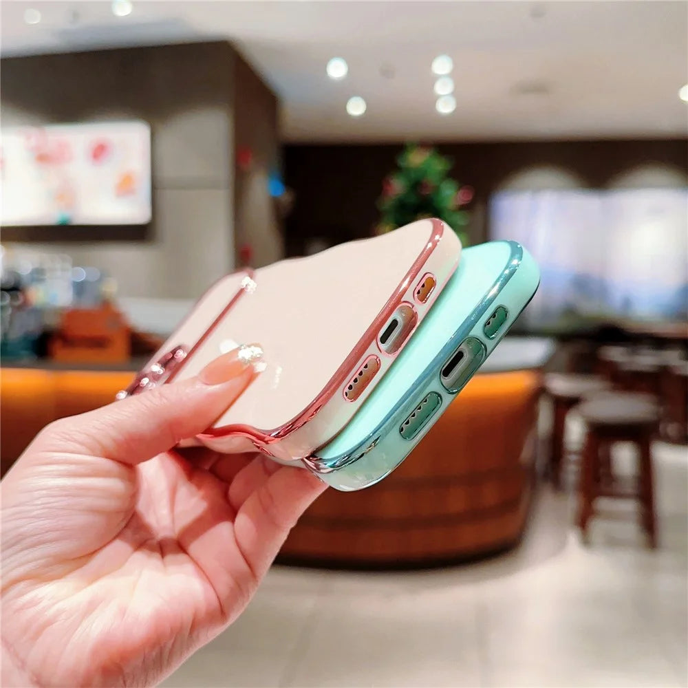 For iPhone 14 Case Curly Wave Frame Shape Electroplating TPU Back Cover - Rose Pink - 4