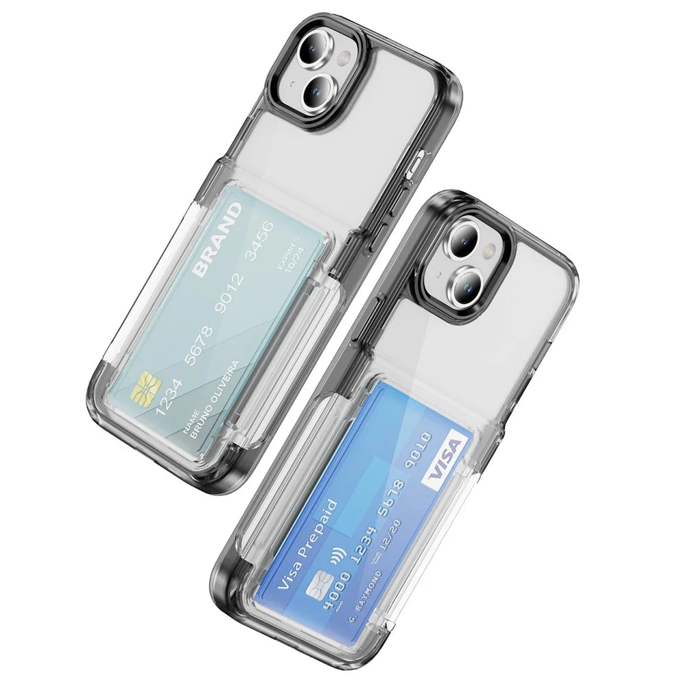 For iPhone 13 / 14 Case TPU + Acrylic Phone Cover with Card Holder Kickstand - Transparent Black - 1