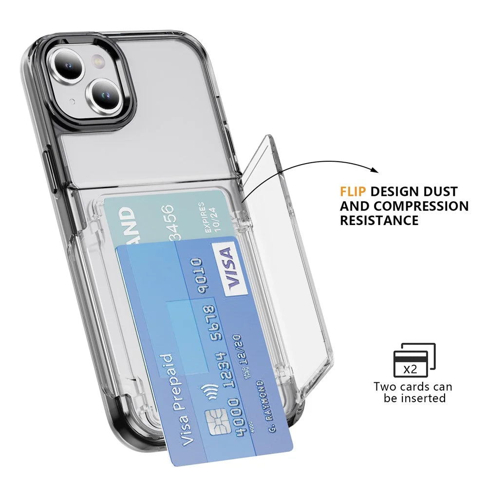 For iPhone 13 / 14 Case TPU + Acrylic Phone Cover with Card Holder Kickstand - Transparent Black - 2