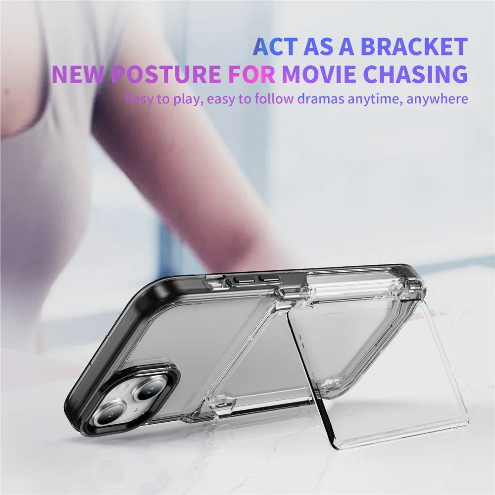 For iPhone 13 / 14 Case TPU + Acrylic Phone Cover with Card Holder Kickstand - Transparent Black - 5