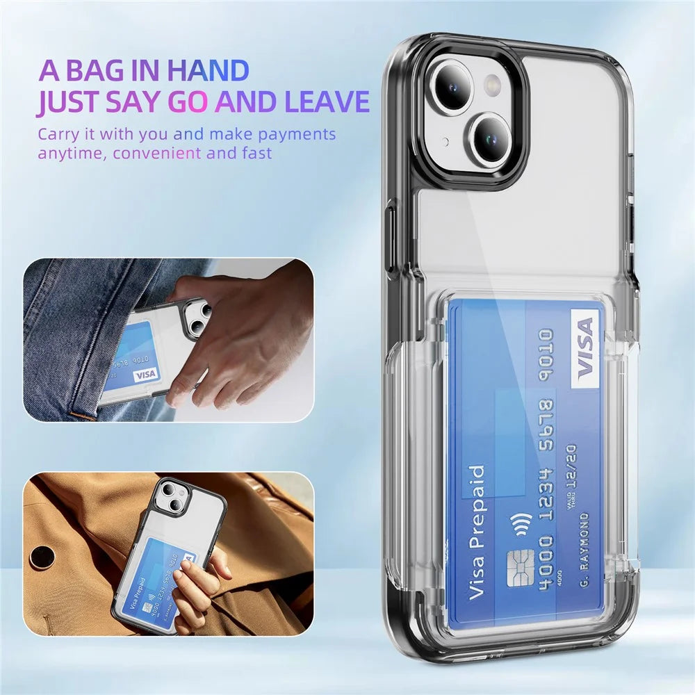 For iPhone 13 / 14 Case TPU + Acrylic Phone Cover with Card Holder Kickstand - Transparent Black - 6