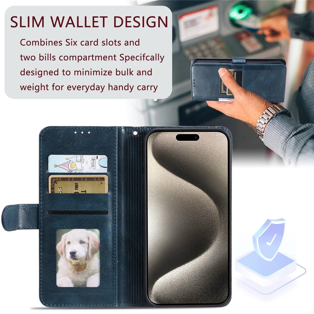 013 Style For iPhone 16 Pro Case PU Leather Anti-Fall Phone Cover with 6 Card Slots - Blackish Green - 5