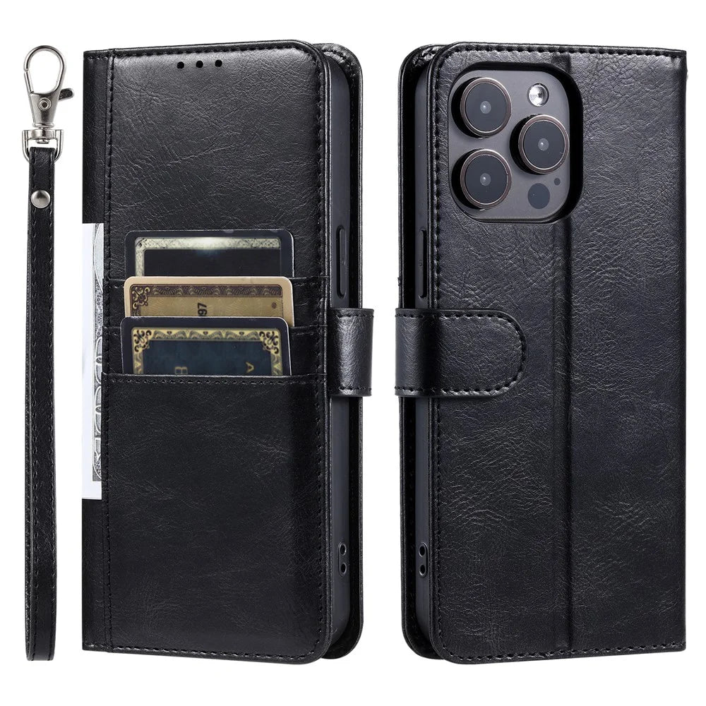 013 Style For iPhone 16 Pro Max Case PU Leather Anti-Fall Phone Cover with 6 Card Slots - Black - 1