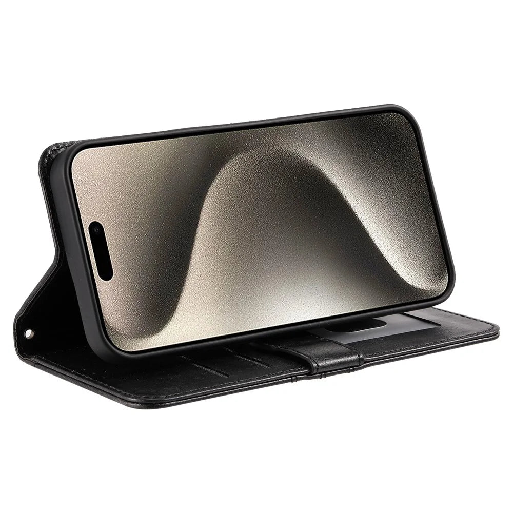 013 Style For iPhone 16 Pro Max Case PU Leather Anti-Fall Phone Cover with 6 Card Slots - Black - 3