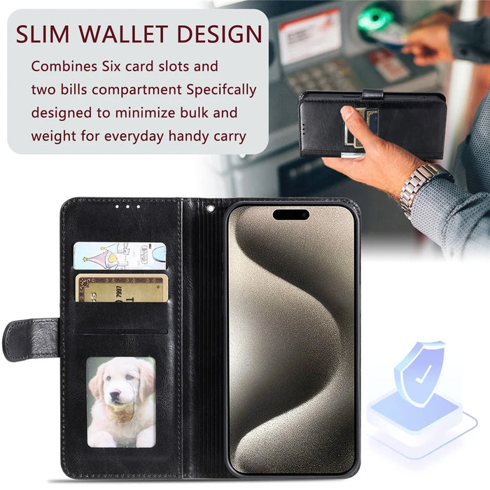 013 Style For iPhone 16 Pro Max Case PU Leather Anti-Fall Phone Cover with 6 Card Slots - Black - 5