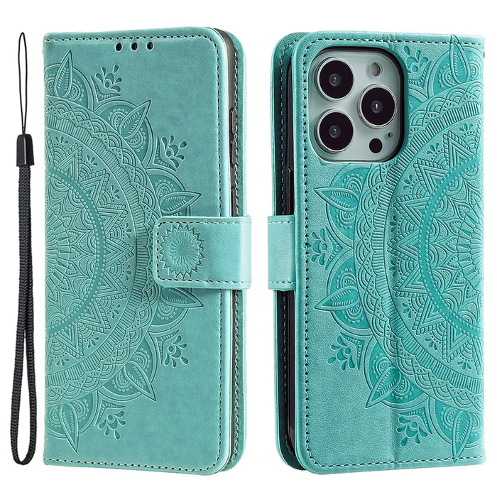 For iPhone 16 Pro Stand Case Imprinted Totem PU Leather Wallet Phone Cover - Mint Green - 1