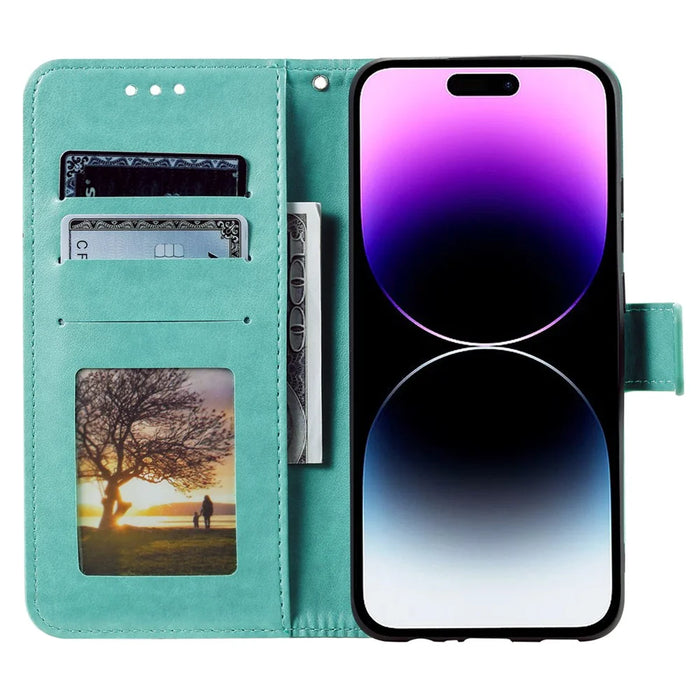 For iPhone 16 Pro Stand Case Imprinted Totem PU Leather Wallet Phone Cover - Mint Green - 2
