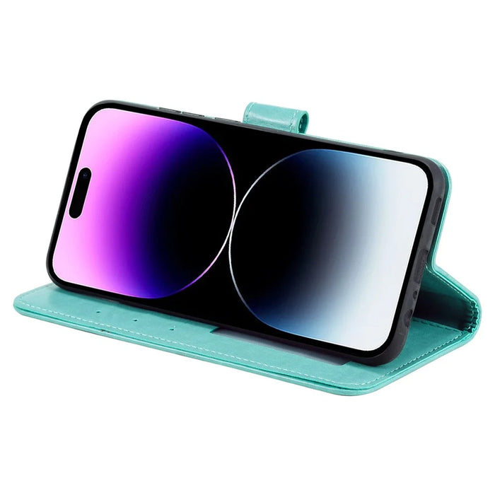 For iPhone 16 Pro Stand Case Imprinted Totem PU Leather Wallet Phone Cover - Mint Green - 3