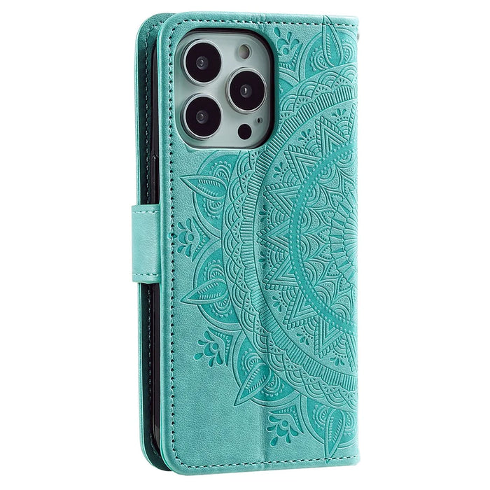 For iPhone 16 Pro Stand Case Imprinted Totem PU Leather Wallet Phone Cover - Mint Green - 6