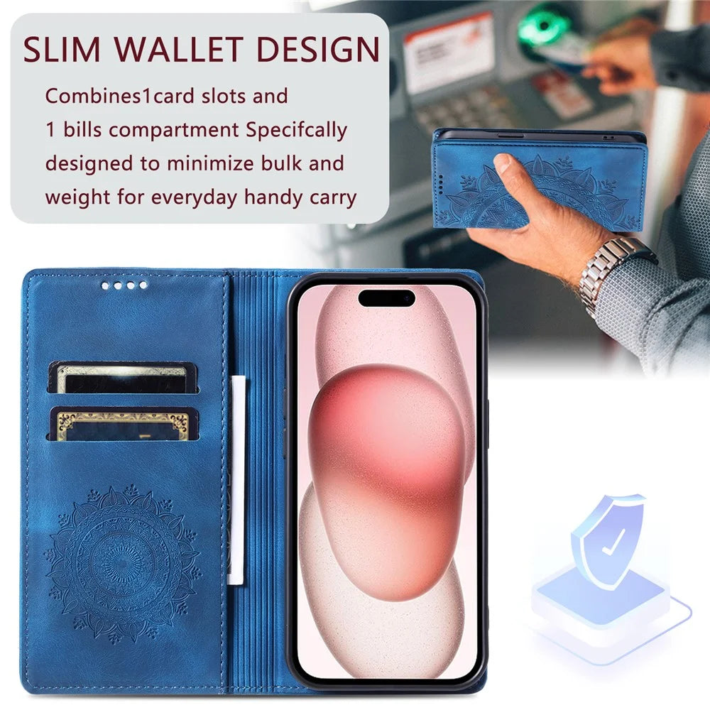 For iPhone 16 Pro Case Imprinted Mandala Leather Magnetic Closure Phone Cover - Blue - 7