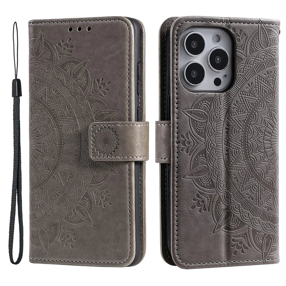 For iPhone 16 Pro Max Stand Case Imprinted Totem PU Leather Wallet Phone Cover - Grey - 1