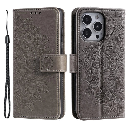 For iPhone 16 Pro Max Stand Case Imprinted Totem PU Leather Wallet Phone Cover - Grey - 1