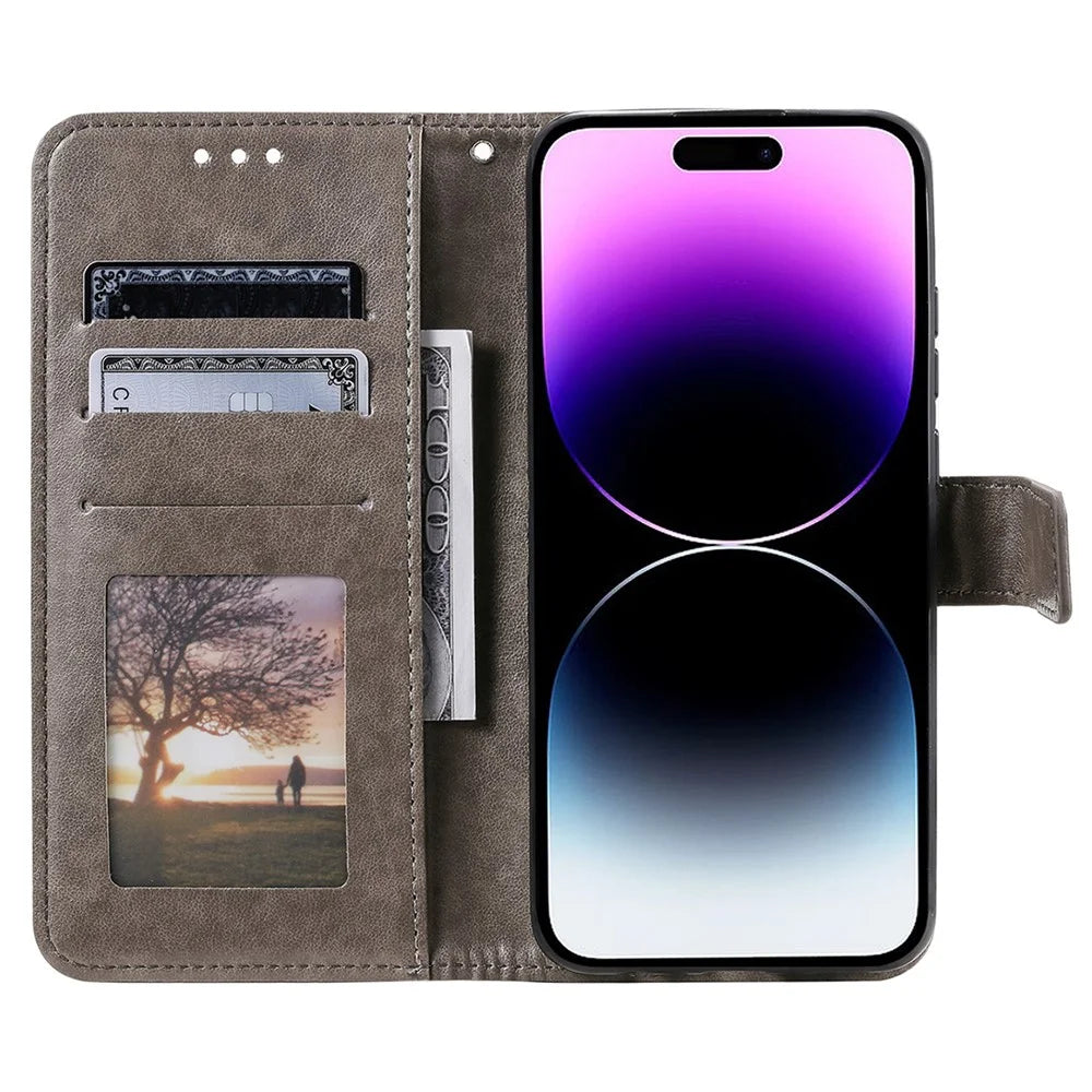 For iPhone 16 Pro Max Stand Case Imprinted Totem PU Leather Wallet Phone Cover - Grey - 2