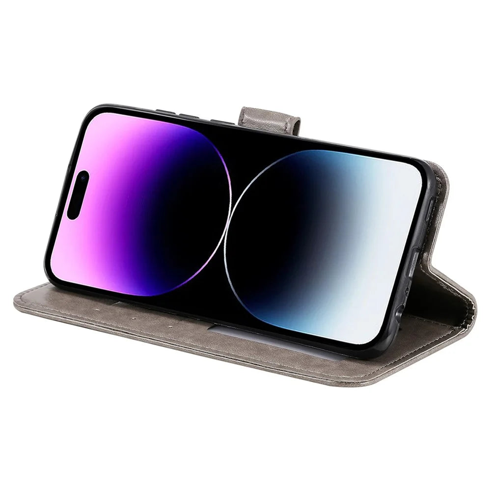 For iPhone 16 Pro Max Stand Case Imprinted Totem PU Leather Wallet Phone Cover - Grey - 3