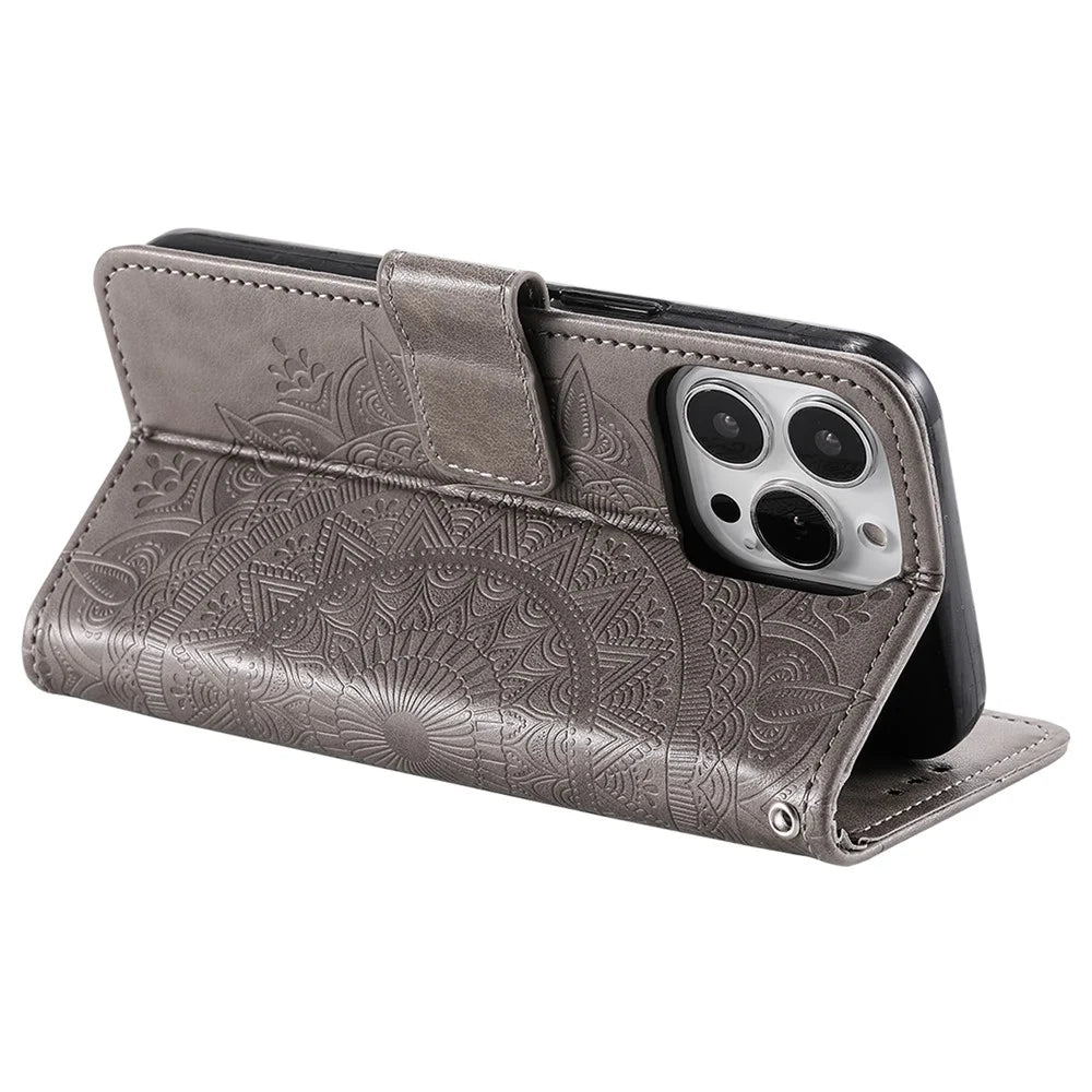 For iPhone 16 Pro Max Stand Case Imprinted Totem PU Leather Wallet Phone Cover - Grey - 4