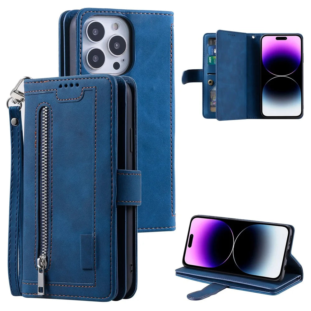 For iPhone 16 Pro Max Case Zipper Pocket 9 Card Slots PU Leather Phone Cover - Blue - 1