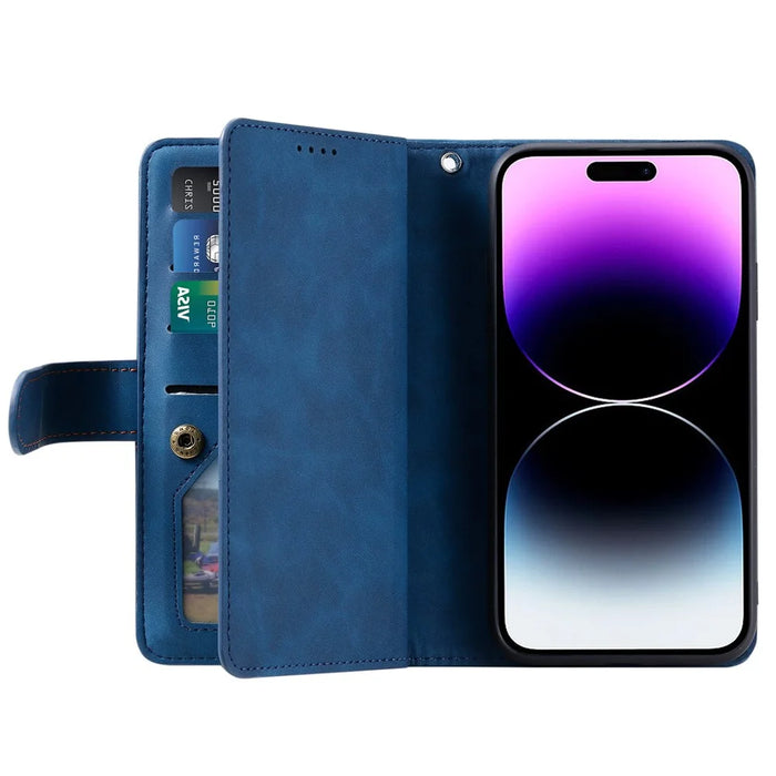 For iPhone 16 Pro Max Case Zipper Pocket 9 Card Slots PU Leather Phone Cover - Blue - 2
