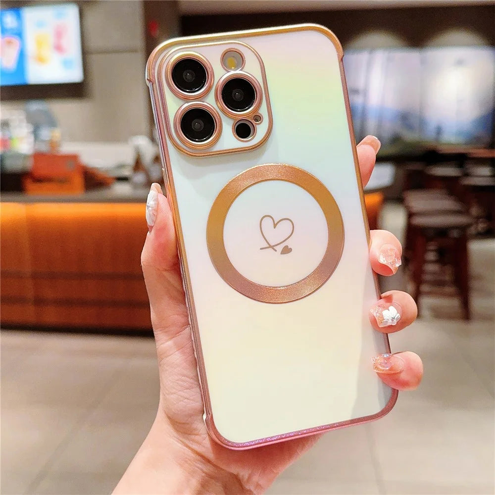 For iPhone 15 Pro Max Magnetic Case TPU Love Heart Pattern Gradient Phone Cover - Colorful White - 1