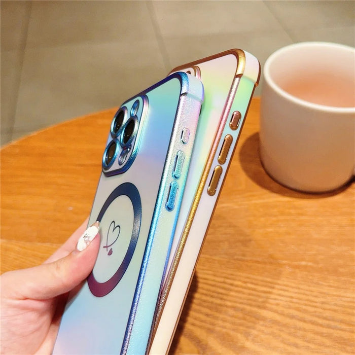For iPhone 15 Pro Max Magnetic Case TPU Love Heart Pattern Gradient Phone Cover - Colorful White - 4