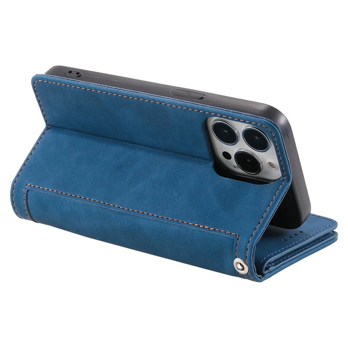 For iPhone 16 Pro Case PU Leather Phone Cover with Zipper Pocket 9 Card Slots - Blue - 4