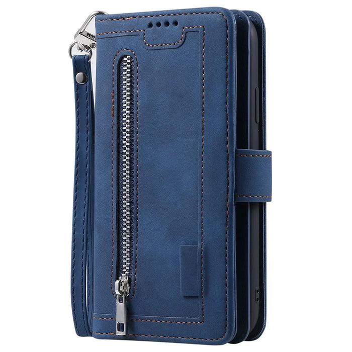 For iPhone 16 Pro Case PU Leather Phone Cover with Zipper Pocket 9 Card Slots - Blue - 6