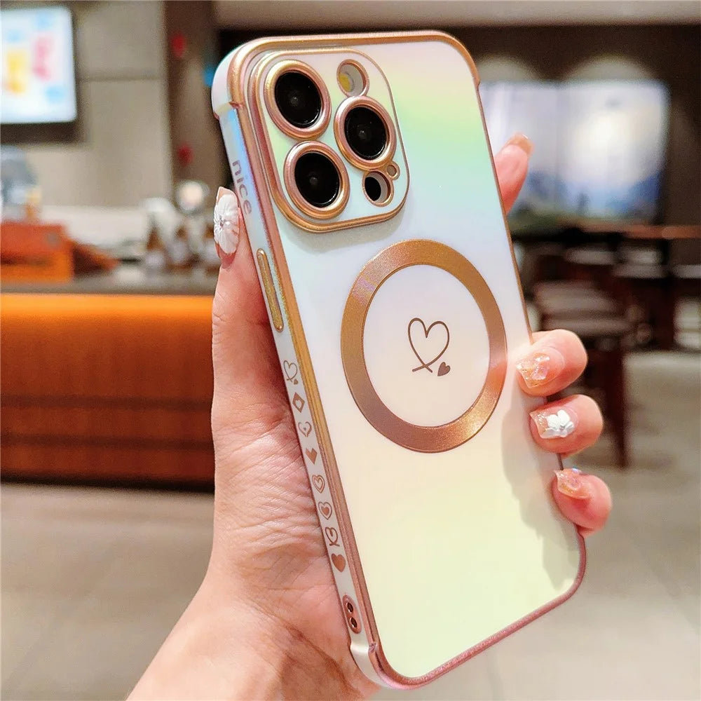 For iPhone 15 Pro Magnetic Case Iridescent TPU Phone Cover Side Small Love Heart Pattern - Colorful White - 2