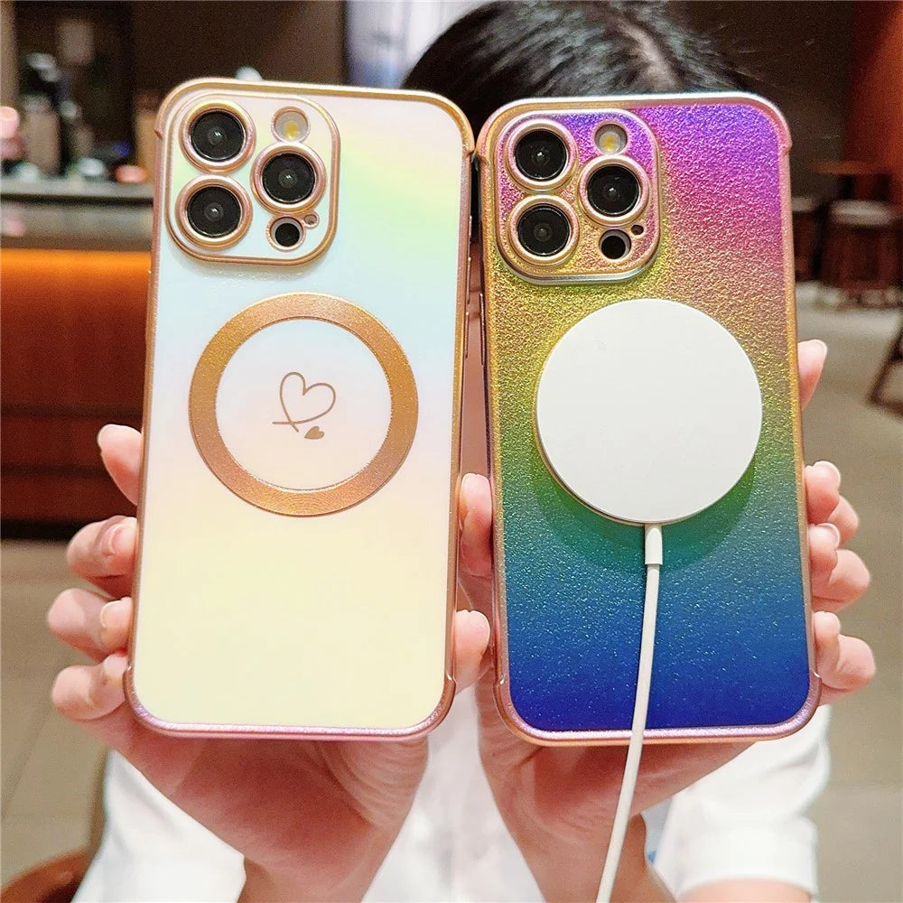 For iPhone 15 Pro Magnetic Case Iridescent TPU Phone Cover Side Small Love Heart Pattern - Colorful White - 6