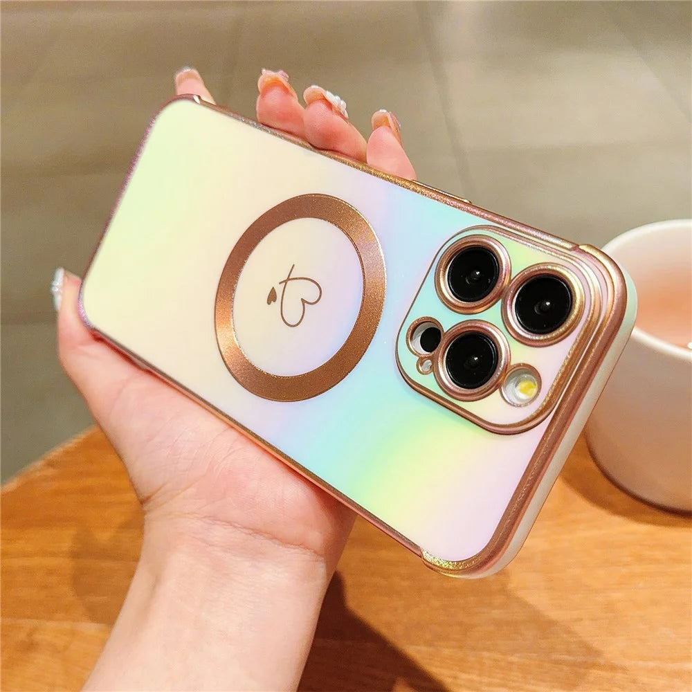 For iPhone 14 Pro Max Case Magnetic Electroplating TPU Phone Cover Love Heart Pattern - Colorful White - 3
