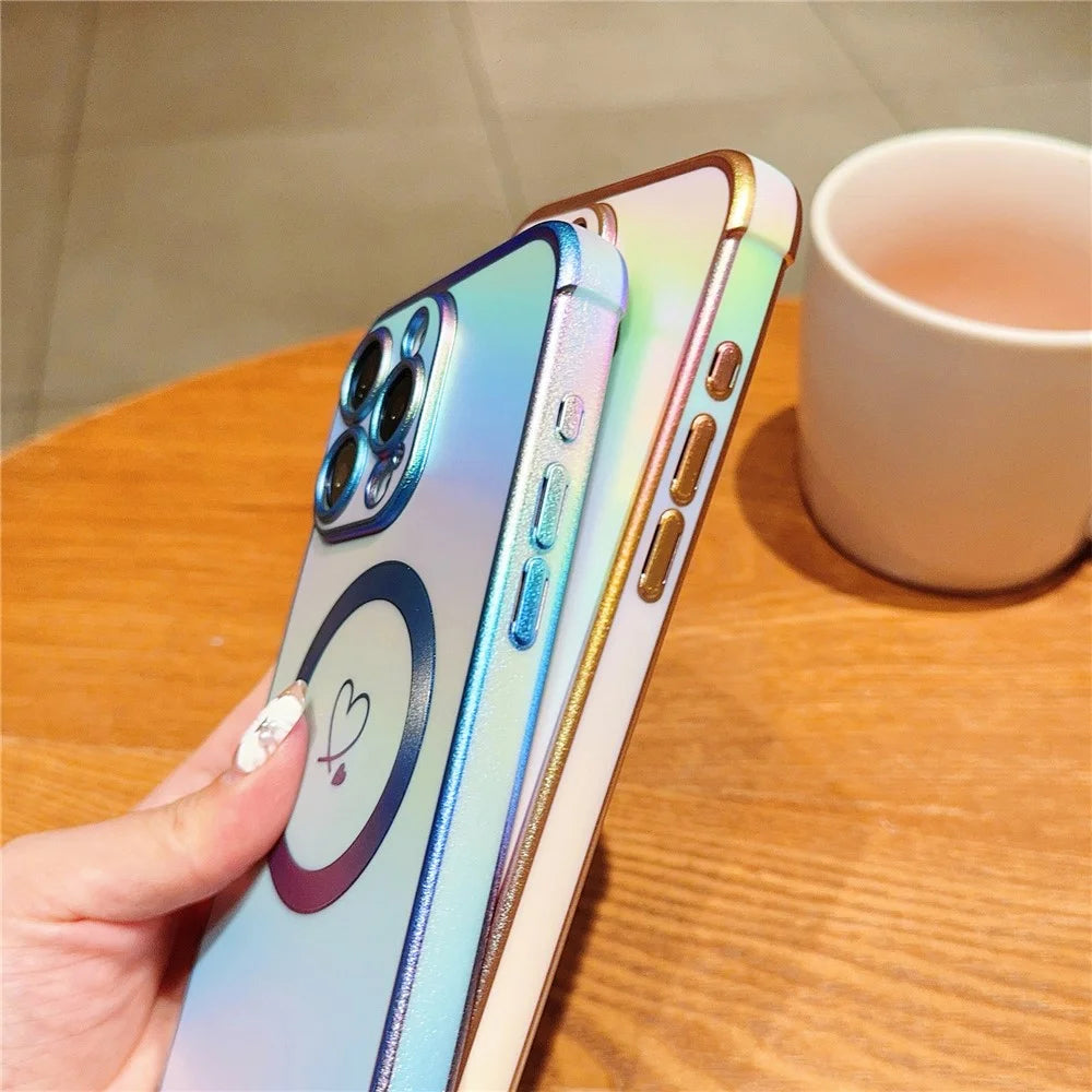 For iPhone 14 Pro Max Case Magnetic Electroplating TPU Phone Cover Love Heart Pattern - Colorful White - 4