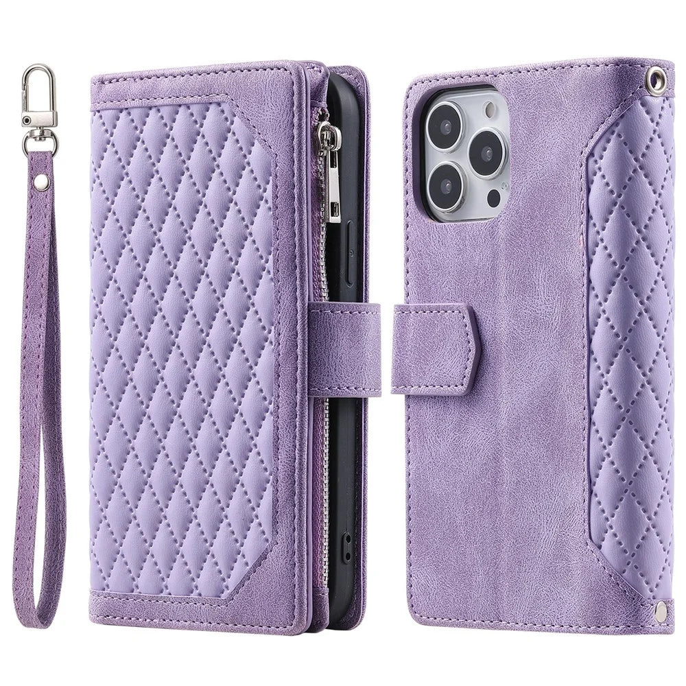 Style 005 For iPhone 16 Pro Zipper Wallet Case Rhombus Stitching Line PU Leather Phone Cover - Purple - 1
