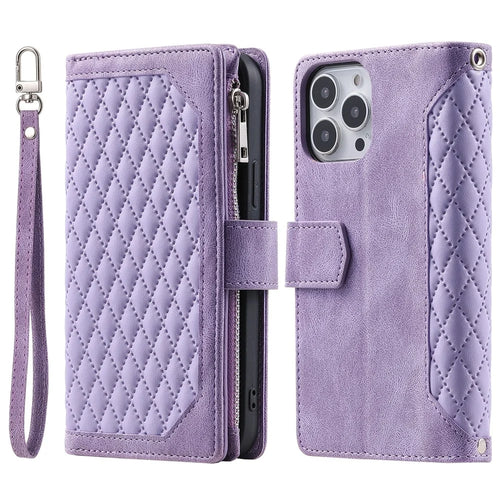 Style 005 For iPhone 16 Pro Zipper Wallet Case Rhombus Stitching Line PU Leather Phone Cover - Purple - 1